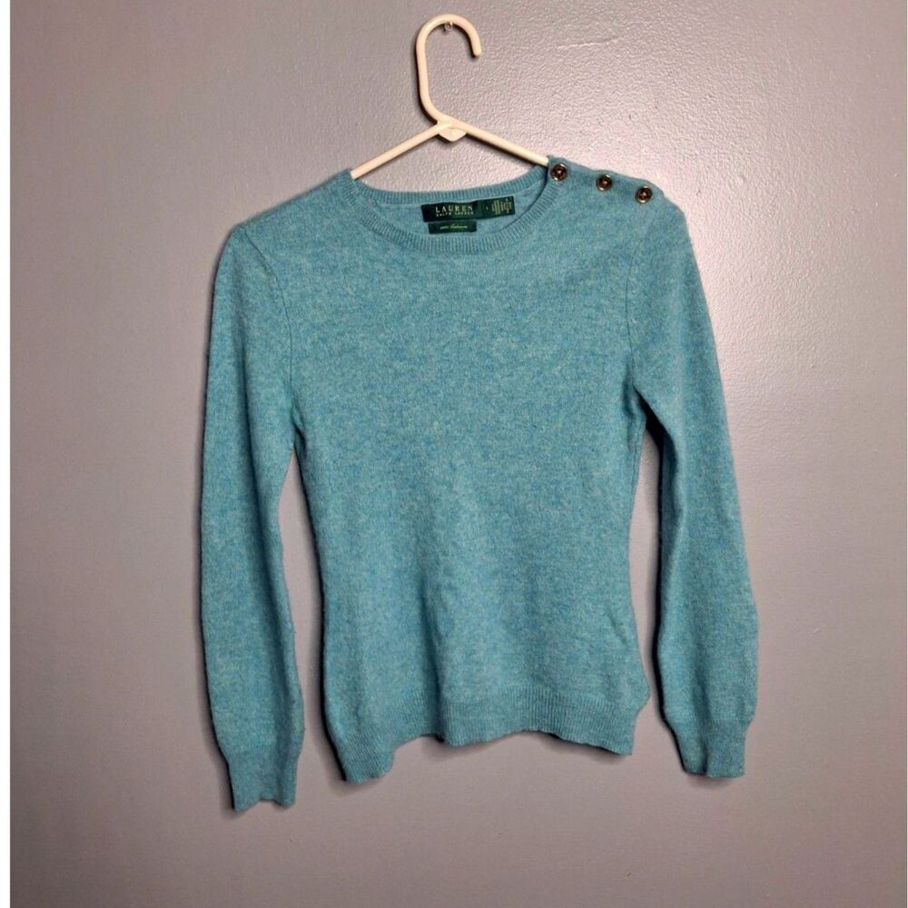 Lauren Ralph Lauren 100% Cashmere Aqua Blue Shoulder Button Crewneck Sweater S